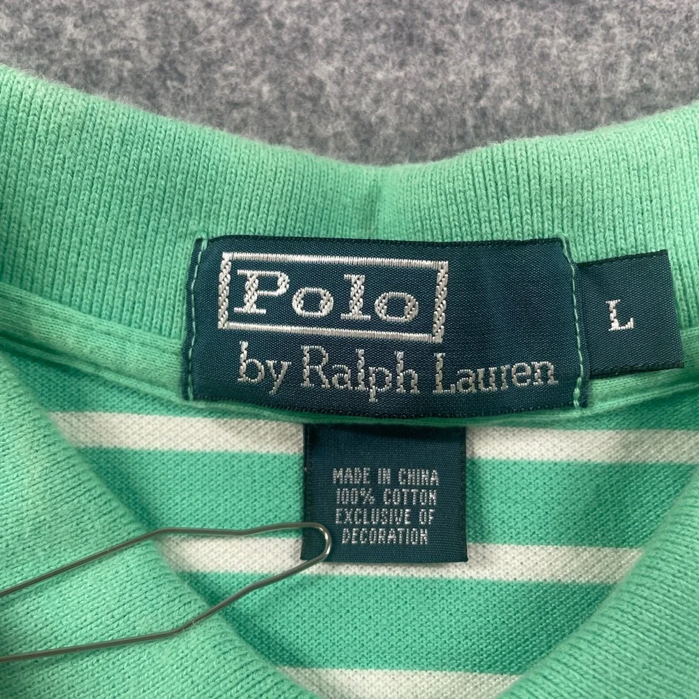 Polo Ralph Lauren Mens Polo Shirt L Green and White Striped Short Sleeve